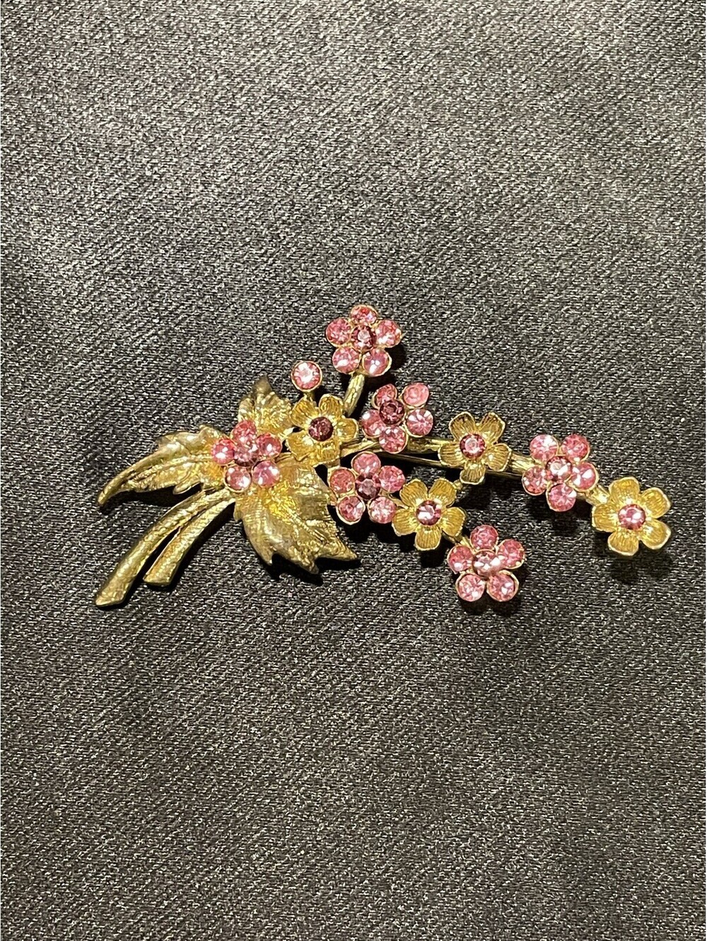 Vintage Large RMN Brooch Pin Gold Tone Floral Fuchsia Pink Rhinestones Marked